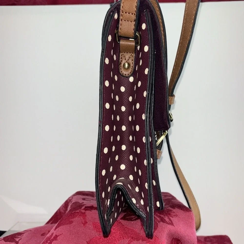 Burgundy Polka Dot Satchel Bag Tan Trim Crossbody Messenger‎ Top Handle Retro
